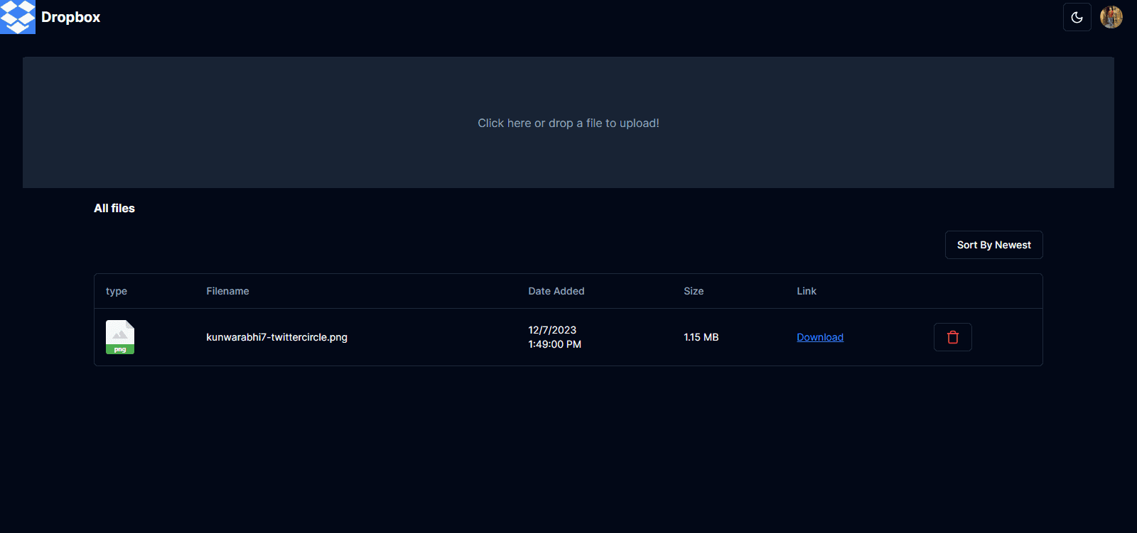 Screenshot of Dropbox CLONE project